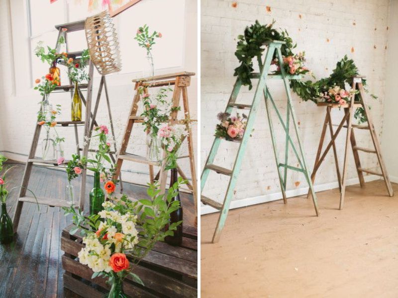 Ý tưởng trang trí backdrop đám cưới thang gỗ và hoa